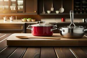 red pot and wooden cutting board on kitchen counter. AI-Generated photo