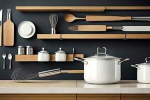 a kitchen with a wooden shelf and pots and pans. AI-Generated photo
