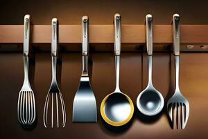 five different utensils are hanging on a wooden shelf. AI-Generated photo