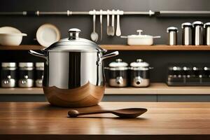 a stainless steel pot and spoon on a wooden counter. AI-Generated photo