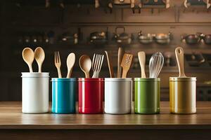 a row of colorful utensils sit on a table. AI-Generated photo
