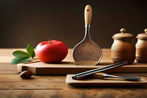 a wooden cutting board with an apple, a spoon and a wooden spoon. AI-Generated photo