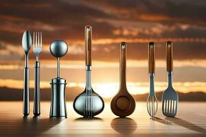 kitchen utensils on wooden table with sunset in background. AI-Generated photo