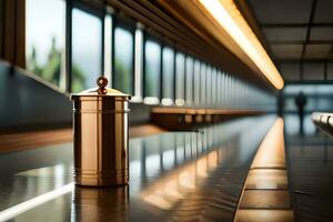 a copper canister sitting on a table in a train station. AI-Generated photo