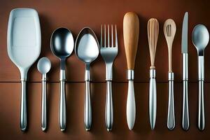 a group of silverware and utensils on a brown surface. AI-Generated photo