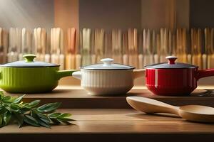 three colorful pots and pans sit on a table. AI-Generated photo