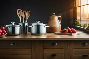 kitchen utensils on wooden countertop. AI-Generated photo