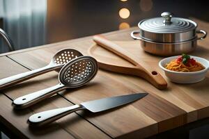a wooden cutting board with a knife, a pot and a bowl. AI-Generated photo