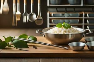 a bowl of rice and utensils on a cutting board. AI-Generated photo