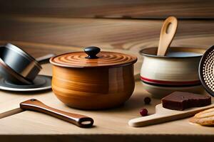 a wooden pot, spoon and other utensils sit on a table. AI-Generated photo