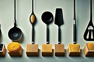 un colección de utensilios y cucharas arreglado en de madera cajas generado por ai foto
