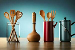 various utensils in glass vases on a table. AI-Generated photo