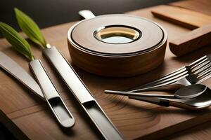 a wooden cutting board with silverware and a plant. AI-Generated photo