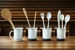 a group of four white utensils on a table. AI-Generated photo