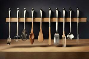 a rack with several utensils hanging on it. AI-Generated photo