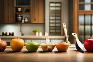 a row of different colored apples and utensils on a counter. AI-Generated photo