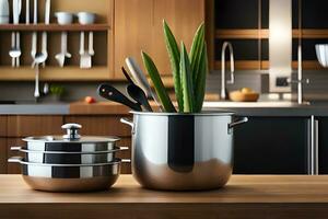 kitchen utensils on wooden table with plant in pot. AI-Generated photo