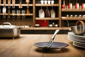 kitchen utensils on wooden table with shelves. AI-Generated photo