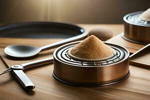 a pan with a bowl of rice sitting on top of a wooden table. AI-Generated photo