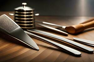 a knife, a grater, a spatula and a knife sharpener. AI-Generated photo