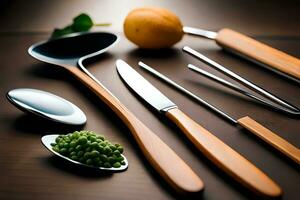 a variety of kitchen utensils including spoons, forks, knives and a lemon. AI-Generated photo
