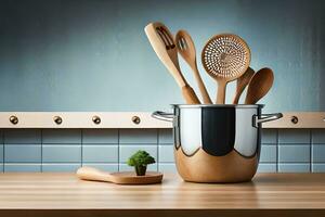 a wooden pot with wooden utensils on a counter. AI-Generated photo