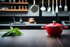 a red pot sits on a wooden counter in a kitchen. AI-Generated photo
