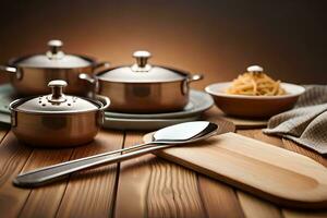 copper pots and pans on wooden table. AI-Generated photo