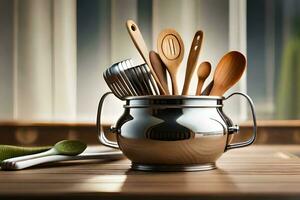 a silver pot with wooden utensils sitting on a table. AI-Generated photo