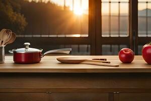 cocina utensilios y especias en un de madera encimera. generado por ai foto