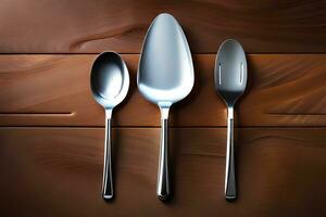 three silver spoons and a spoon on a wooden table. AI-Generated photo