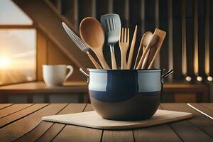 kitchen utensils in a pot on a table. AI-Generated photo