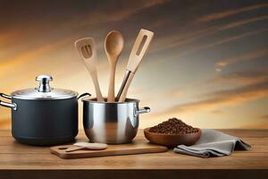 kitchen utensils on wooden table with sunset background. AI-Generated photo