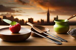 a wooden table with a bowl of apples and spoons. AI-Generated photo