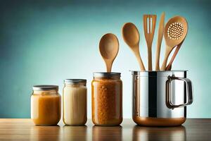 various jars with wooden utensils and jars of food. AI-Generated photo