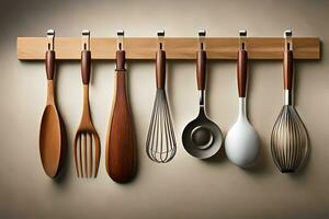 kitchen utensils hanging on a wooden rack. AI-Generated photo