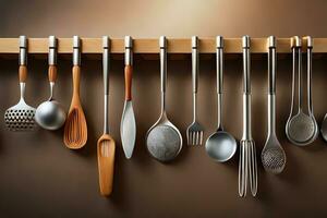 a rack with many different utensils hanging on it. AI-Generated photo