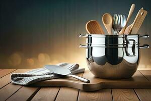 a stainless steel pot with utensils on a wooden table. AI-Generated photo