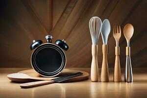 a wooden spoon, fork, and knife on a table. AI-Generated photo
