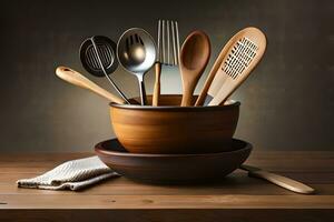 a bowl with wooden utensils on a table. AI-Generated photo