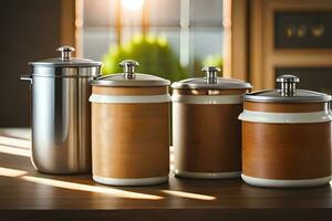 three stainless steel canisters on a table. AI-Generated photo