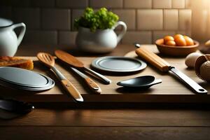 a wooden cutting board with utensils on it. AI-Generated photo