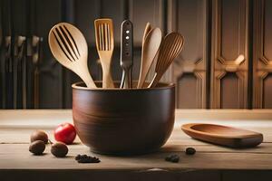 wooden utensils in a bowl on a table. AI-Generated photo