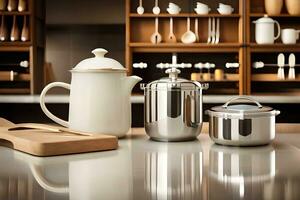 a kitchen counter with a coffee pot, tea pot and other items. AI-Generated photo