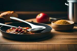 a bowl of food with a spoon and a knife. AI-Generated photo