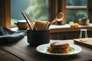 a plate with a burger and chopsticks on a table. AI-Generated photo