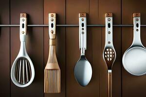 a group of utensils hanging on a wall. AI-Generated photo