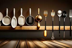 a shelf with various utensils on it. AI-Generated photo