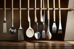 a rack of utensils hanging from a wooden pole. AI-Generated photo