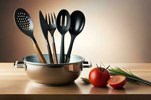 a pan with four utensils and tomatoes on a table. AI-Generated photo